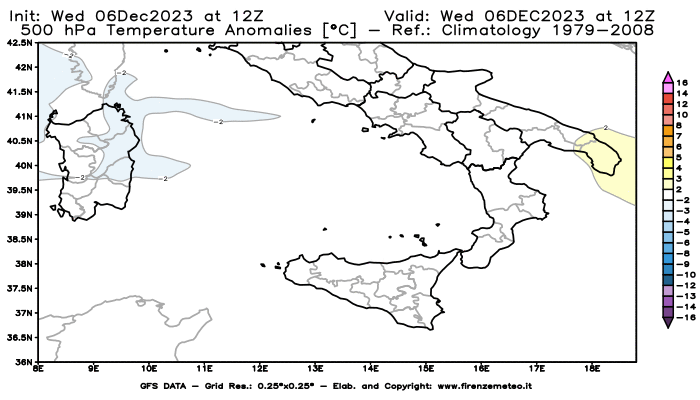 GFS analysi map - Temperature Anomalies at 500 hPa in Southern Italy
									on December 6, 2023 H12