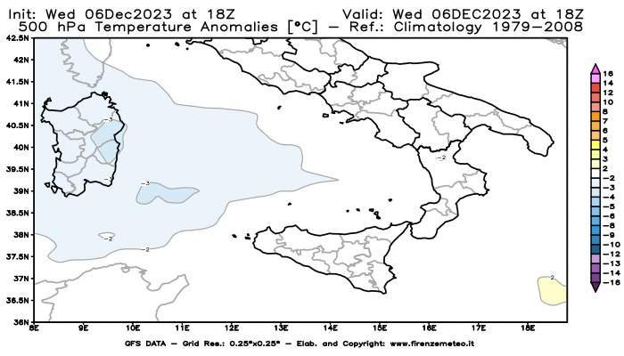 Mappa di analisi GFS - Anomalia Temperatura a 500 hPa in Sud-Italia
							del 6 dicembre 2023 z18