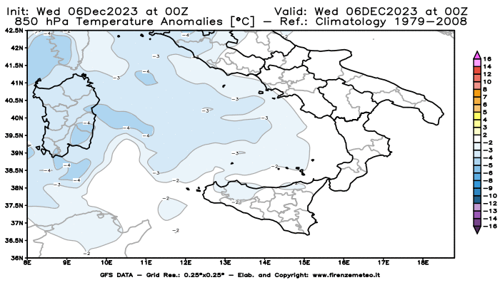 Mappa di analisi GFS - Anomalia Temperatura a 850 hPa in Sud-Italia
							del 6 dicembre 2023 z00
