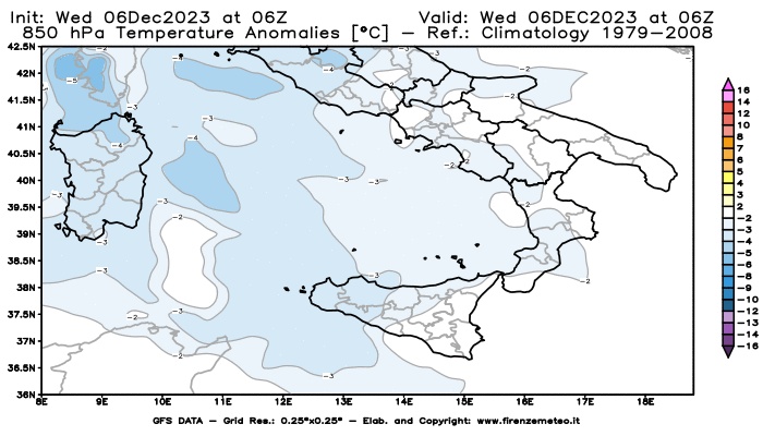 Mappa di analisi GFS - Anomalia Temperatura a 850 hPa in Sud-Italia
							del 6 dicembre 2023 z06