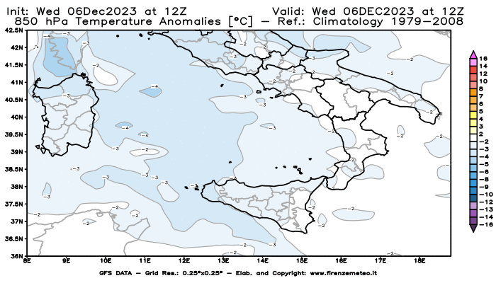 Mappa di analisi GFS - Anomalia Temperatura a 850 hPa in Sud-Italia
							del 6 dicembre 2023 z12