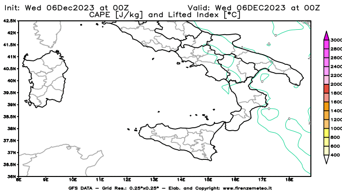 GFS analysi map - CAPE and Lifted Index in Southern Italy
									on December 6, 2023 H00