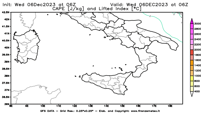 GFS analysi map - CAPE and Lifted Index in Southern Italy
									on December 6, 2023 H06