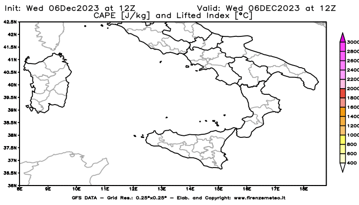 Mappa di analisi GFS - CAPE e Lifted Index in Sud-Italia
							del 6 dicembre 2023 z12