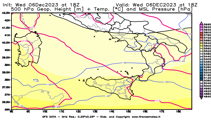GFS analysi map - Geopotential + Temp. at 500 hPa + Sea Level Pressure in Southern Italy
									on December 6, 2023 H18