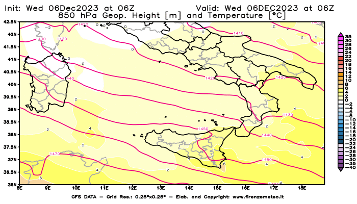 GFS analysi map - Geopotential and Temperature at 850 hPa in Southern Italy
									on December 6, 2023 H06