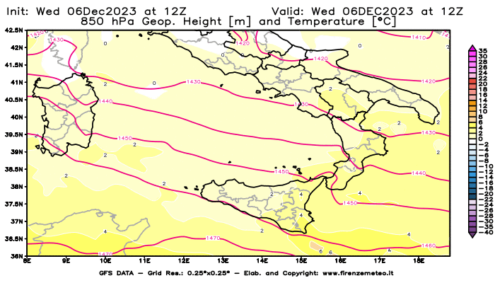 GFS analysi map - Geopotential and Temperature at 850 hPa in Southern Italy
									on December 6, 2023 H12