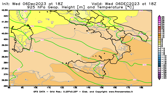 GFS analysi map - Geopotential and Temperature at 925 hPa in Southern Italy
									on December 6, 2023 H18