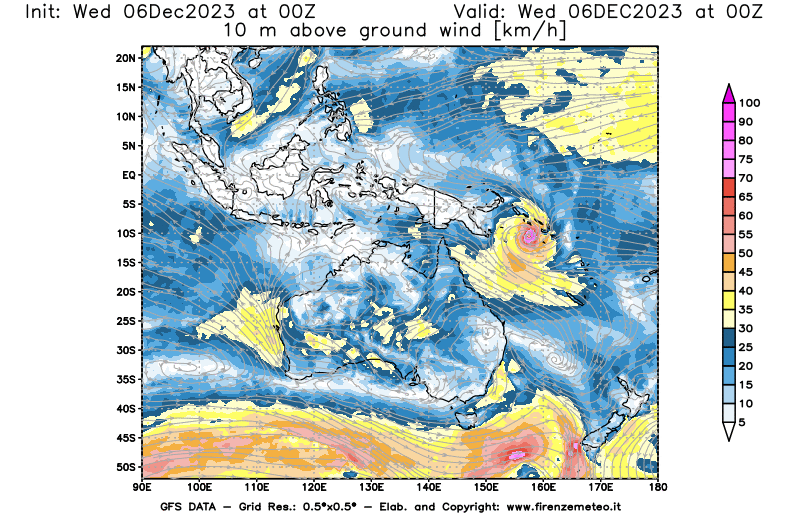 Mappa di analisi GFS - Velocità del vento a 10 metri dal suolo in Oceania
							del 6 dicembre 2023 z00
