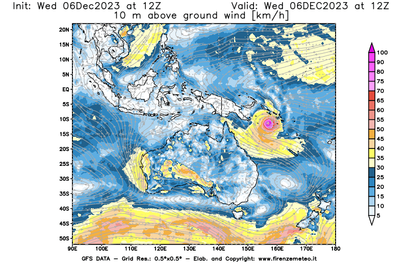 Mappa di analisi GFS - Velocità del vento a 10 metri dal suolo in Oceania
							del 6 dicembre 2023 z12
