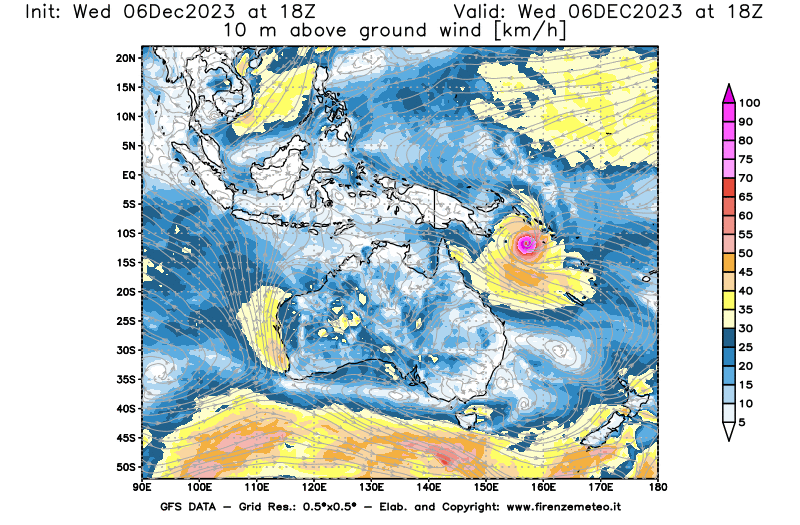 Mappa di analisi GFS - Velocità del vento a 10 metri dal suolo in Oceania
							del 6 dicembre 2023 z18