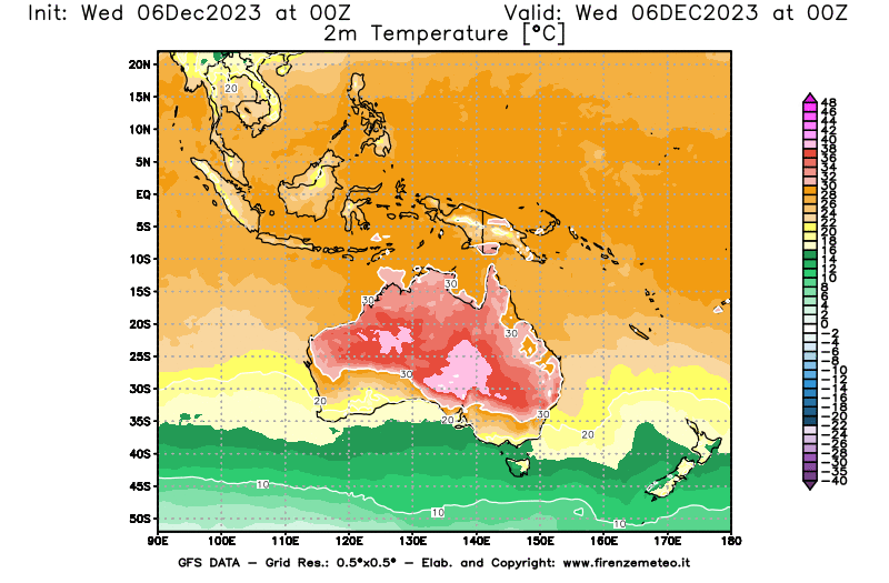 Mappa di analisi GFS - Temperatura a 2 metri dal suolo in Oceania
							del 6 dicembre 2023 z00