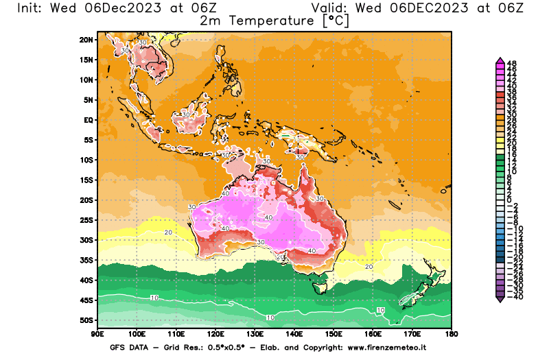 Mappa di analisi GFS - Temperatura a 2 metri dal suolo in Oceania
							del 6 dicembre 2023 z06