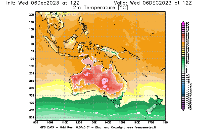 GFS analysi map - Temperature at 2 m above ground in Oceania
									on December 6, 2023 H12