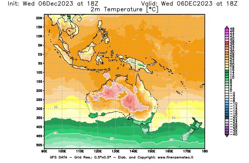 Mappa di analisi GFS - Temperatura a 2 metri dal suolo in Oceania
							del 6 dicembre 2023 z18