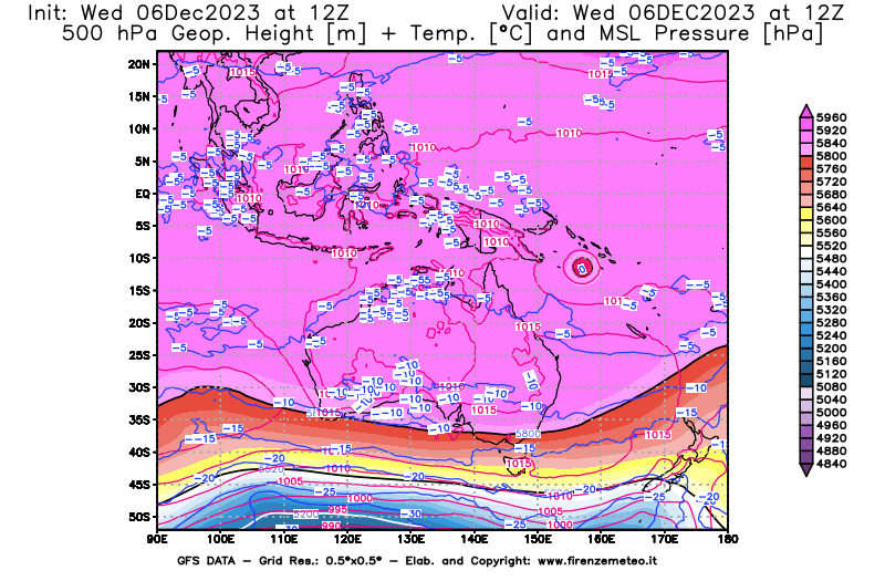 GFS analysi map - Geopotential + Temp. at 500 hPa + Sea Level Pressure in Oceania
									on December 6, 2023 H12