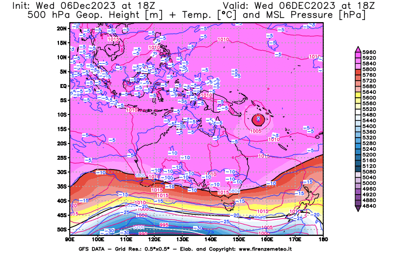 GFS analysi map - Geopotential + Temp. at 500 hPa + Sea Level Pressure in Oceania
									on December 6, 2023 H18