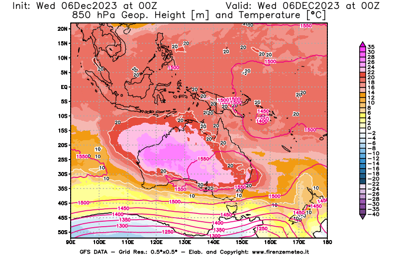 GFS analysi map - Geopotential and Temperature at 850 hPa in Oceania
									on December 6, 2023 H00