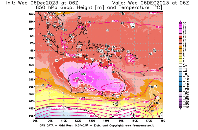 Mappa di analisi GFS - Geopotenziale e Temperatura a 850 hPa in Oceania
							del 6 dicembre 2023 z06