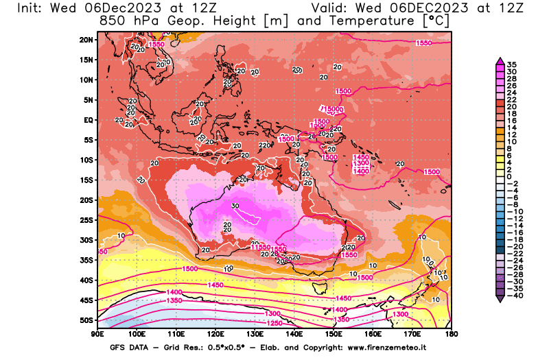 Mappa di analisi GFS - Geopotenziale e Temperatura a 850 hPa in Oceania
							del 6 dicembre 2023 z12