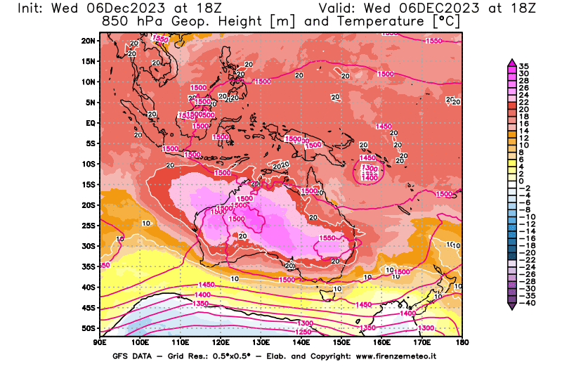 GFS analysi map - Geopotential and Temperature at 850 hPa in Oceania
									on December 6, 2023 H18