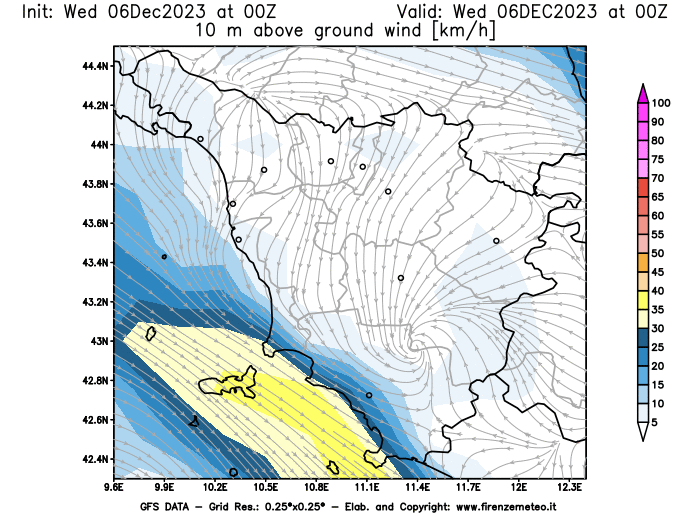 Mappa di analisi GFS - Velocità del vento a 10 metri dal suolo in Toscana
							del 6 dicembre 2023 z00