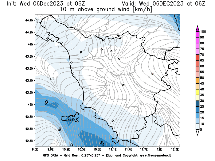 Mappa di analisi GFS - Velocità del vento a 10 metri dal suolo in Toscana
							del 6 dicembre 2023 z06