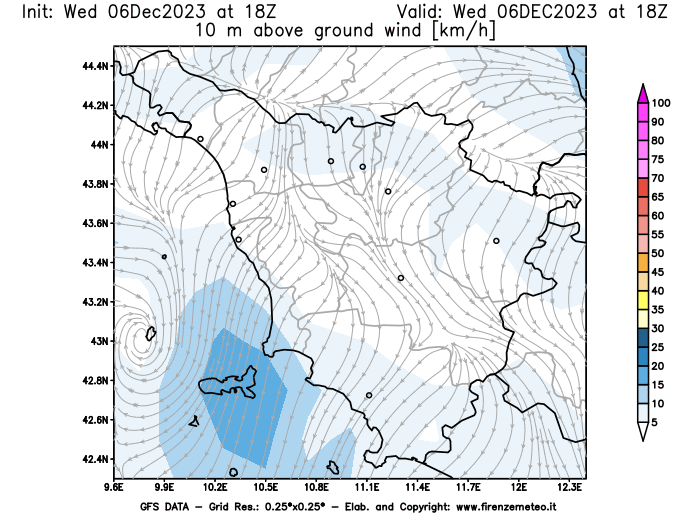 Mappa di analisi GFS - Velocità del vento a 10 metri dal suolo in Toscana
							del 6 dicembre 2023 z18