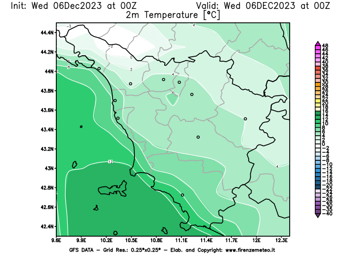 GFS analysi map - Temperature at 2 m above ground in Tuscany
									on December 6, 2023 H00