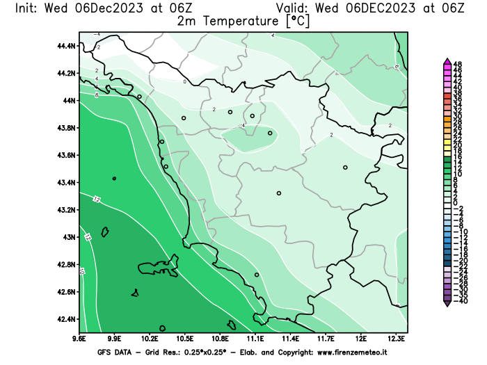 GFS analysi map - Temperature at 2 m above ground in Tuscany
									on December 6, 2023 H06