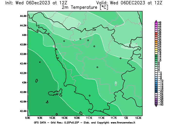GFS analysi map - Temperature at 2 m above ground in Tuscany
									on December 6, 2023 H12