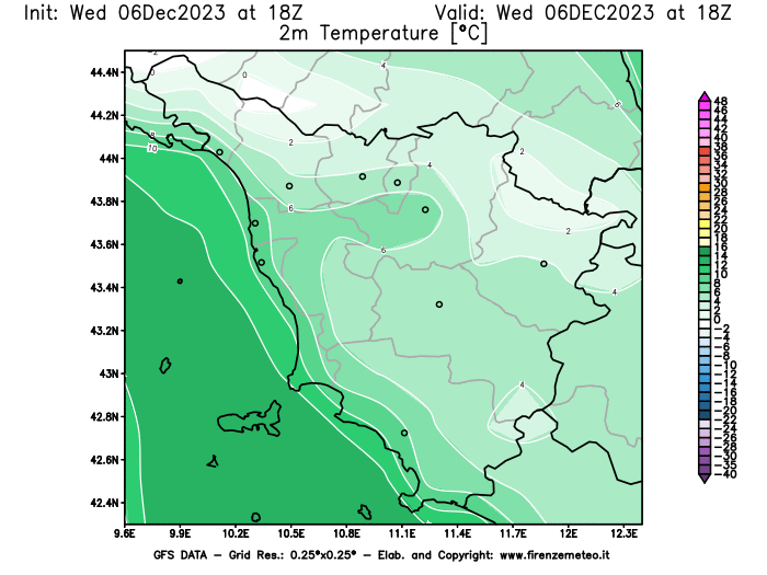 GFS analysi map - Temperature at 2 m above ground in Tuscany
									on December 6, 2023 H18
