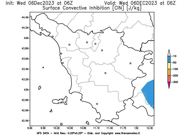 GFS analysi map - CIN in Tuscany
									on December 6, 2023 H06