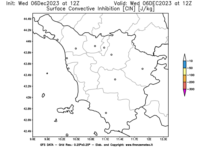 GFS analysi map - CIN in Tuscany
									on December 6, 2023 H12