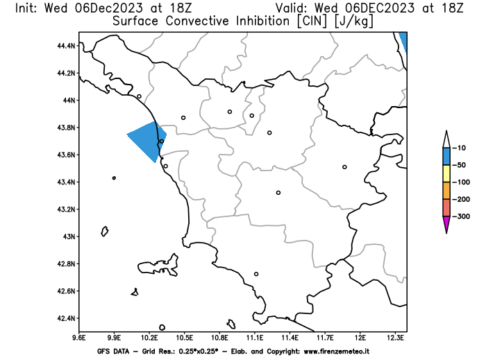 GFS analysi map - CIN in Tuscany
									on December 6, 2023 H18