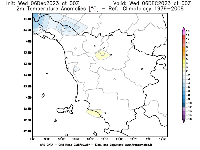Mappa di analisi GFS - Anomalia Temperatura a 2 m in Toscana
							del 6 dicembre 2023 z00