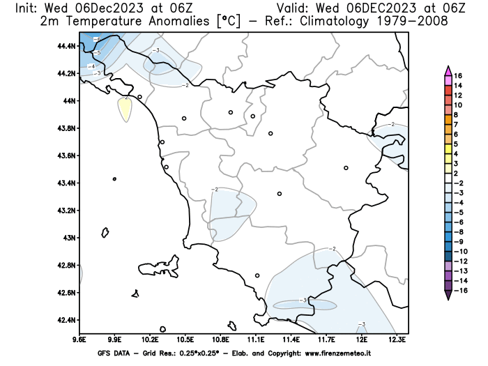 Mappa di analisi GFS - Anomalia Temperatura a 2 m in Toscana
							del 6 dicembre 2023 z06