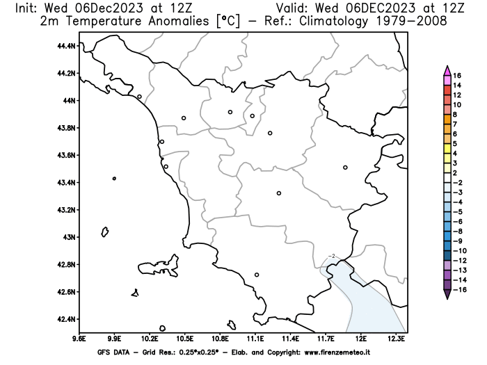 Mappa di analisi GFS - Anomalia Temperatura a 2 m in Toscana
							del 6 dicembre 2023 z12
