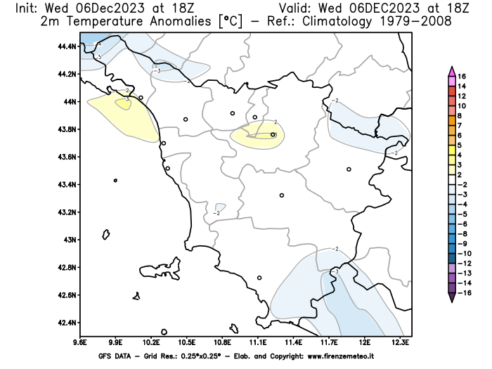 Mappa di analisi GFS - Anomalia Temperatura a 2 m in Toscana
							del 6 dicembre 2023 z18
