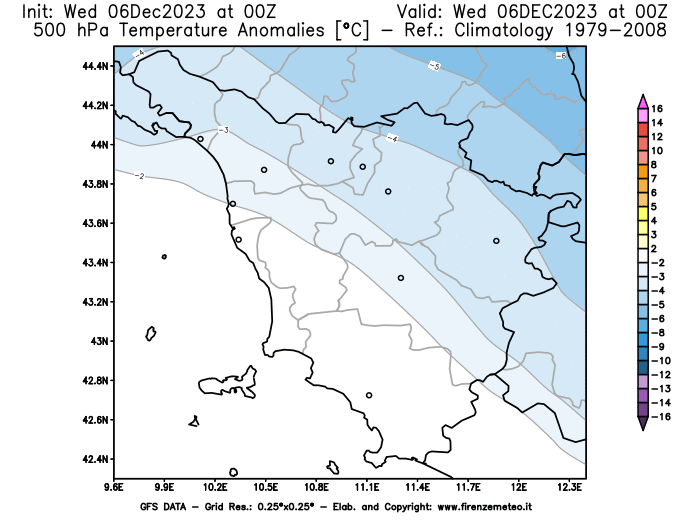 GFS analysi map - Temperature Anomalies at 500 hPa in Tuscany
									on December 6, 2023 H00