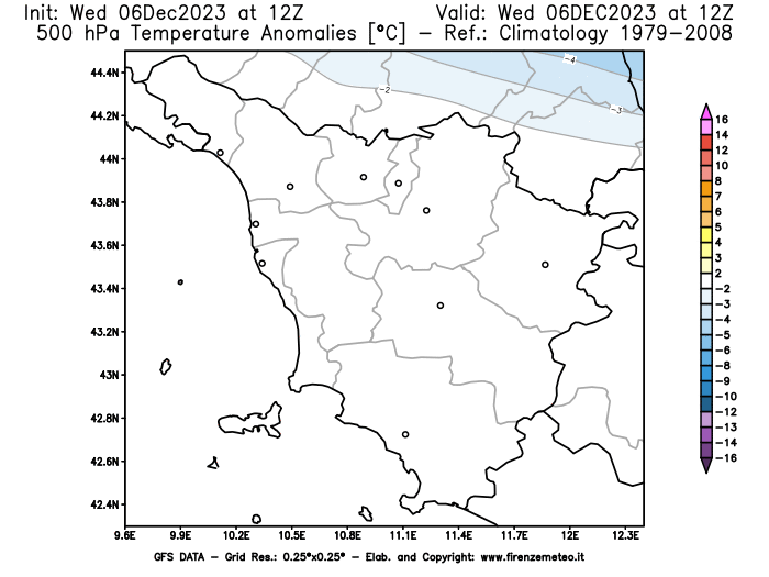 GFS analysi map - Temperature Anomalies at 500 hPa in Tuscany
									on December 6, 2023 H12