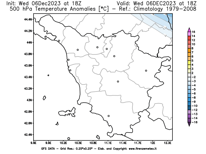 GFS analysi map - Temperature Anomalies at 500 hPa in Tuscany
									on December 6, 2023 H18