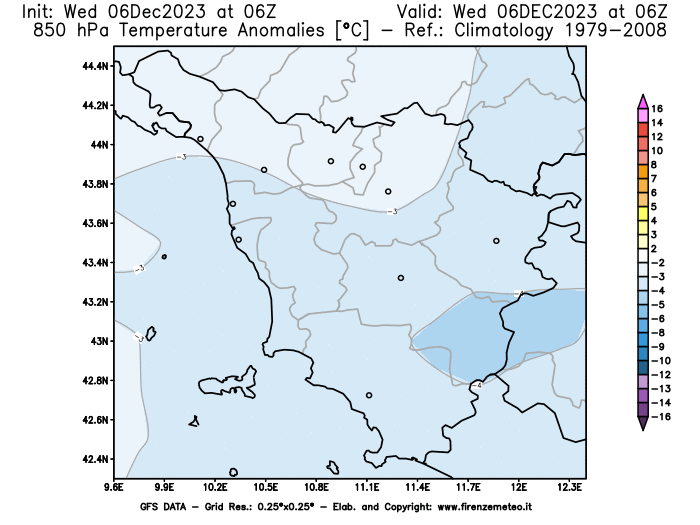 Mappa di analisi GFS - Anomalia Temperatura a 850 hPa in Toscana
							del 6 dicembre 2023 z06