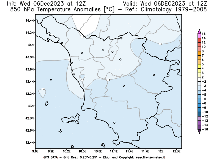 Mappa di analisi GFS - Anomalia Temperatura a 850 hPa in Toscana
							del 6 dicembre 2023 z12