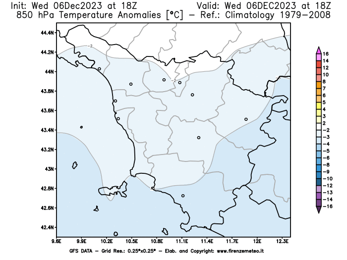 Mappa di analisi GFS - Anomalia Temperatura a 850 hPa in Toscana
							del 6 dicembre 2023 z18