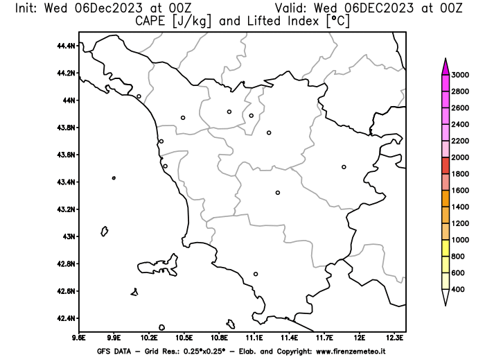 GFS analysi map - CAPE and Lifted Index in Tuscany
									on December 6, 2023 H00