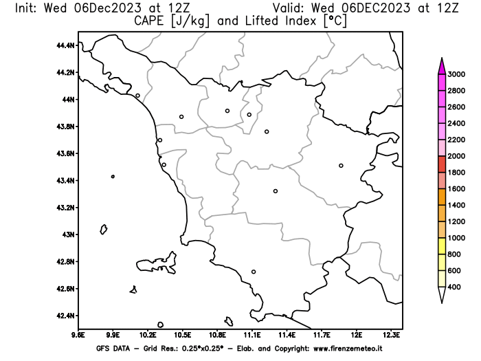 GFS analysi map - CAPE and Lifted Index in Tuscany
									on December 6, 2023 H12
