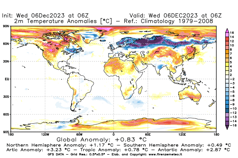 Mappa di analisi GFS - Anomalia Temperatura a 2 m in World
							del 6 dicembre 2023 z06