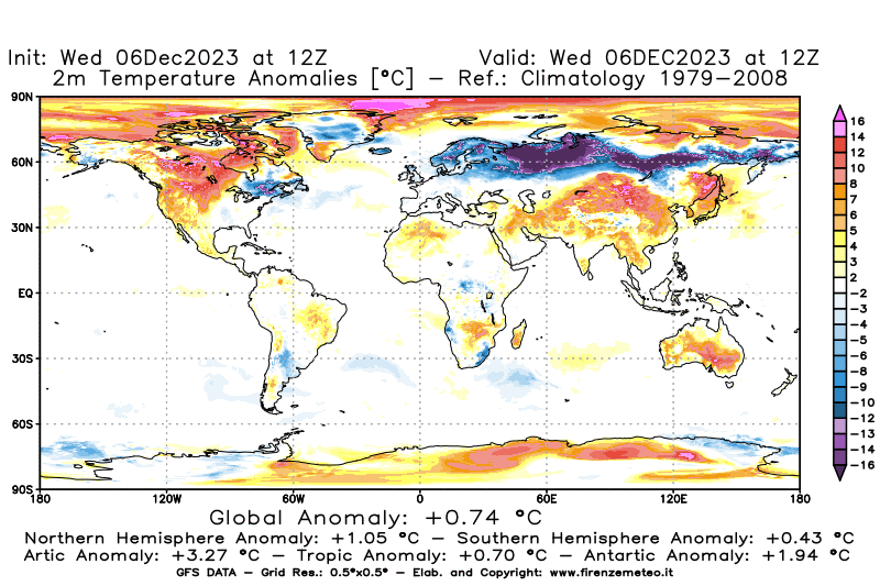 Mappa di analisi GFS - Anomalia Temperatura a 2 m in World
							del 6 dicembre 2023 z12