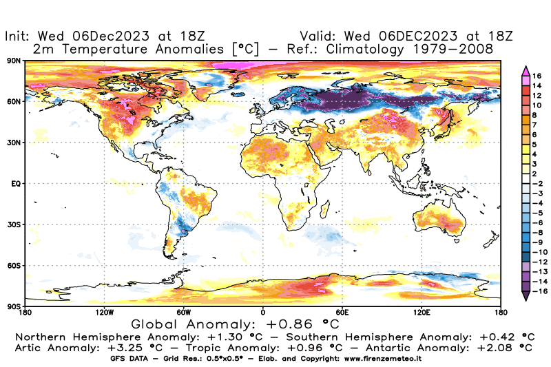Mappa di analisi GFS - Anomalia Temperatura a 2 m in World
							del 6 dicembre 2023 z18